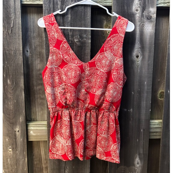 Audrey 3+1 Tops - Red Patterned Peplum Tank Top with Bow Detail